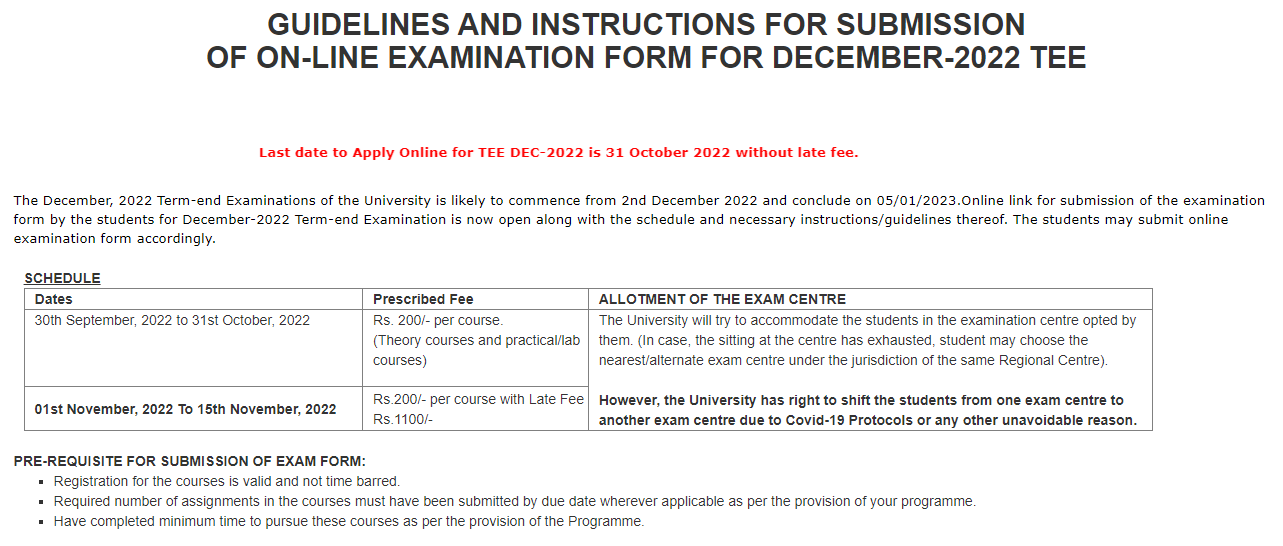 IGNOU Exam Form 2022 Term End Examination December 2022