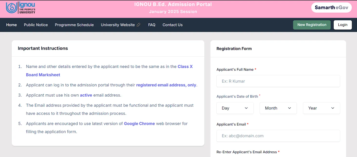 IGNOU BEd Registration Portal