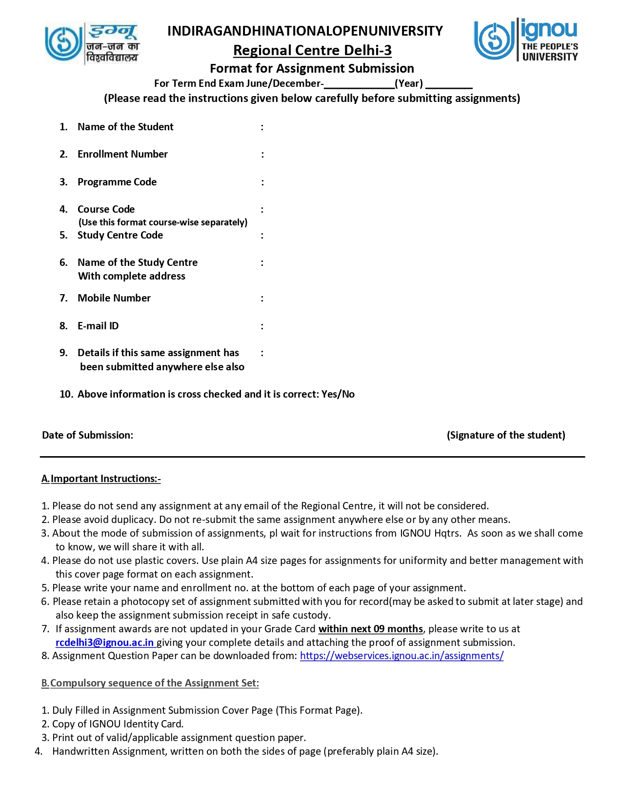 IGNOU Assignment Front Page